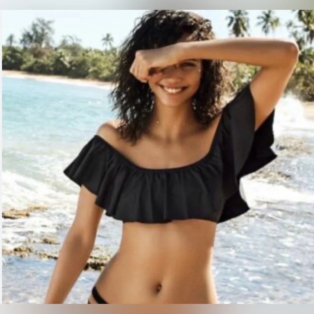 L*SPACE SWIM BLACK 'HEY GIRL' RUFFLE OFF THE SHOULDER BANDEAU BIKINI TOP (L)